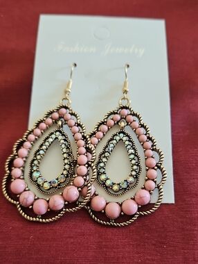 Fashion Jewelry Pink Teardrop Crystal Bead Dangle Earrings